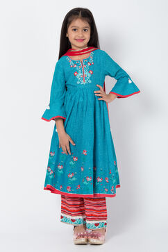 Turquoise And Red Cotton Anarkali Kurta Flared Palazzo Suit Set image number 2