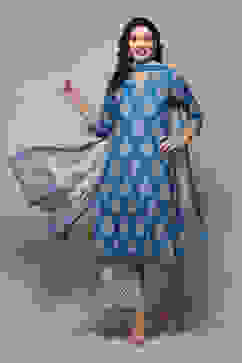 Royal Blue Cotton Straight Printed Kurta Straight Palazzo Suit Set image number 7