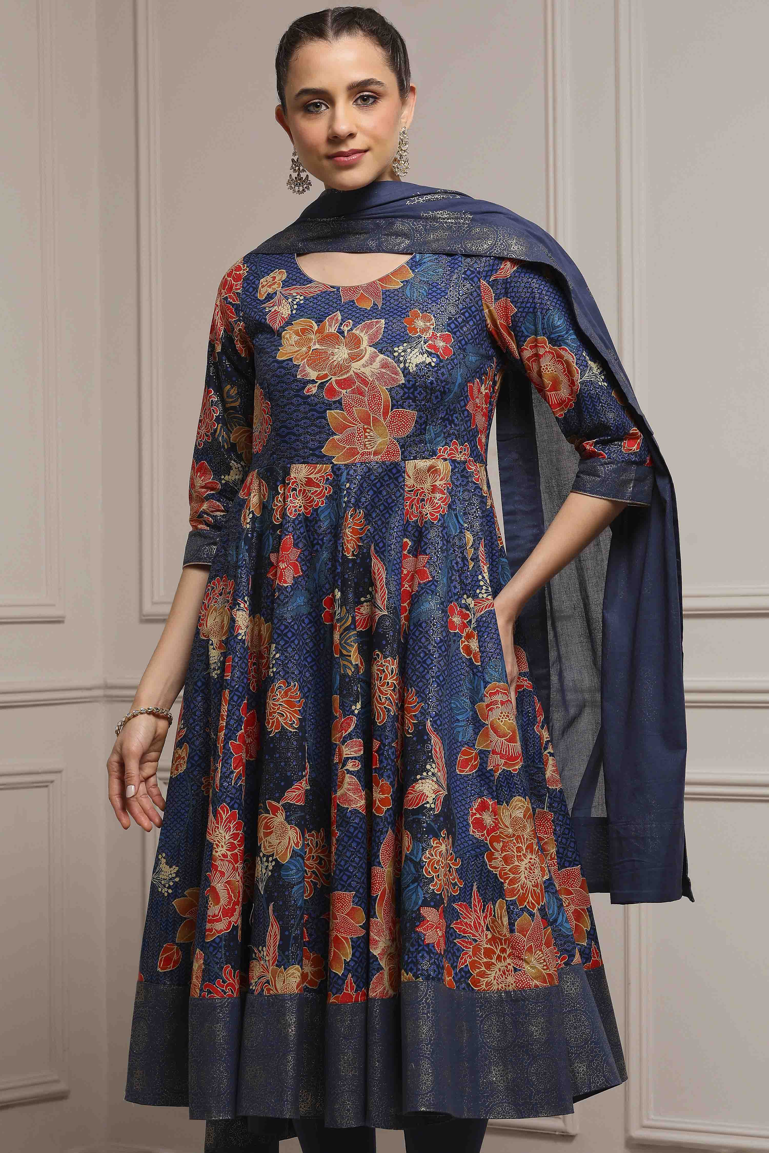 Navy Cotton Anarkali Printed Suit Set image number 7
