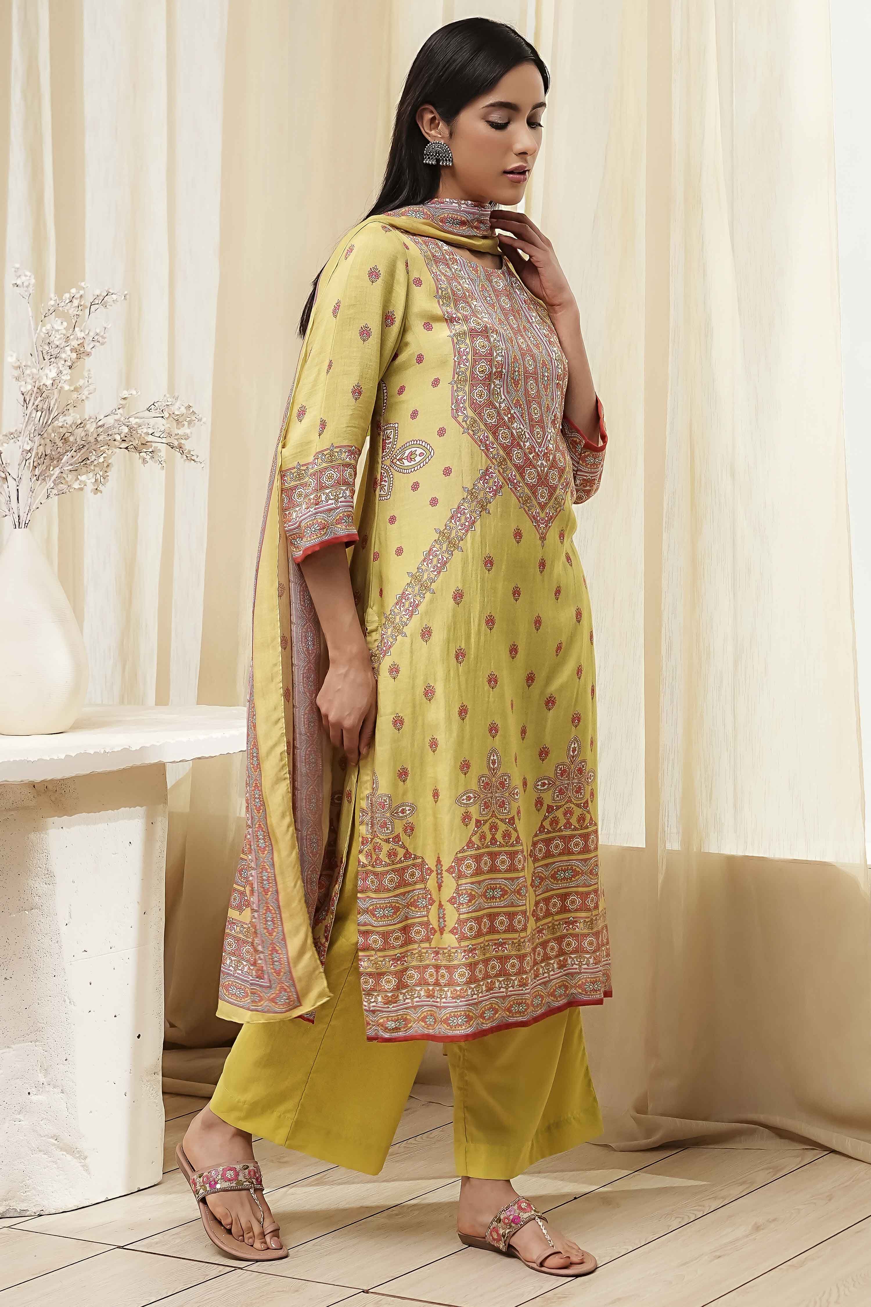 Green Modal Printed Straight Suit Set image number 5