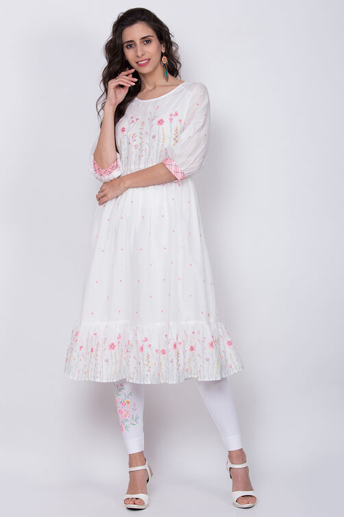 White Cotton Flared Printed Kurta image number 0