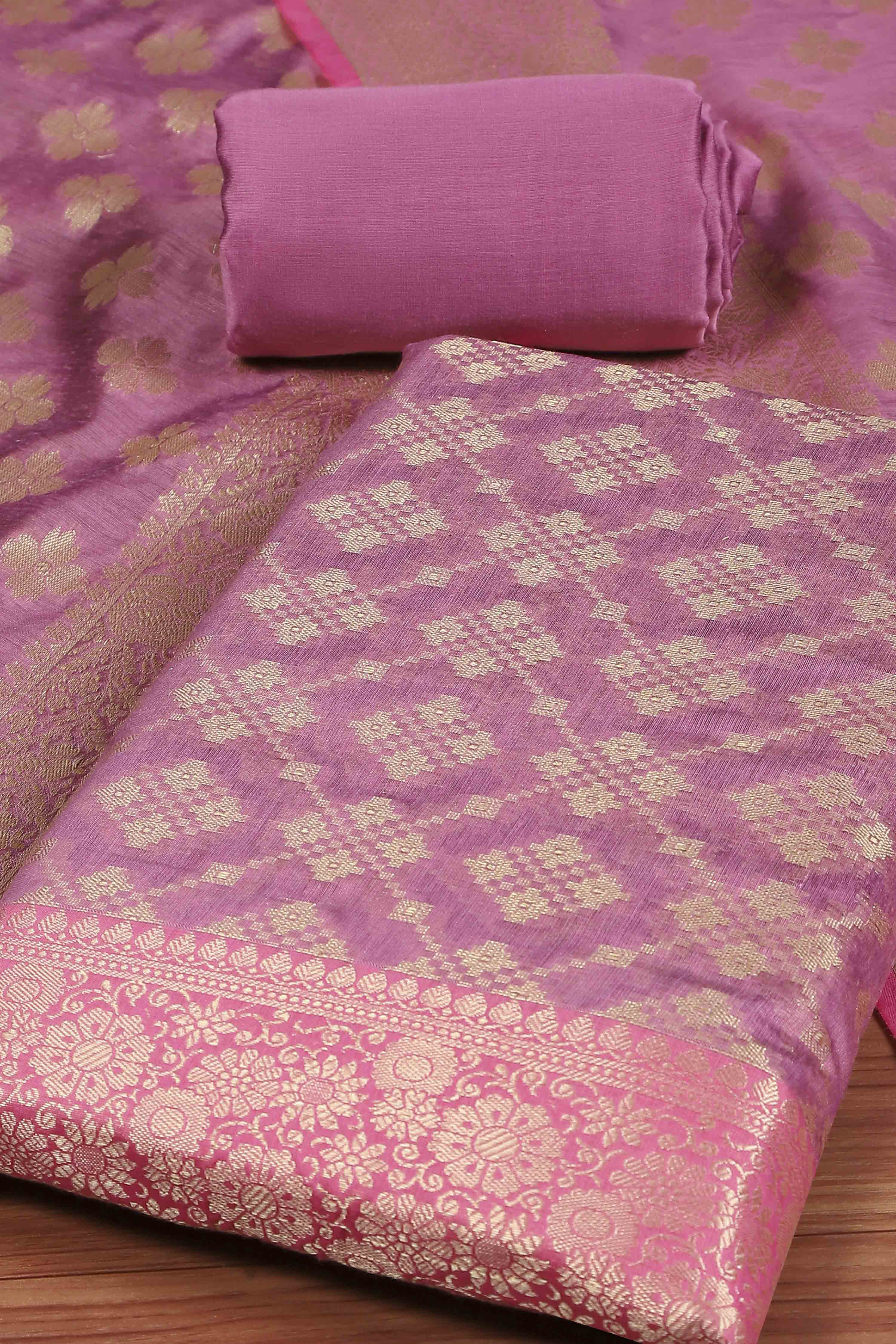 Purple Cotton Printed Embroidered Unstitched Suit Set image number 1