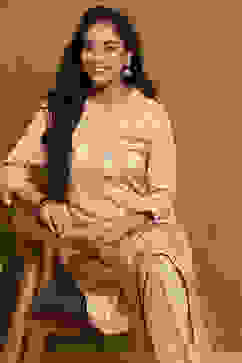 Beige Printed Straight Winter wear Kurta Set image number 0