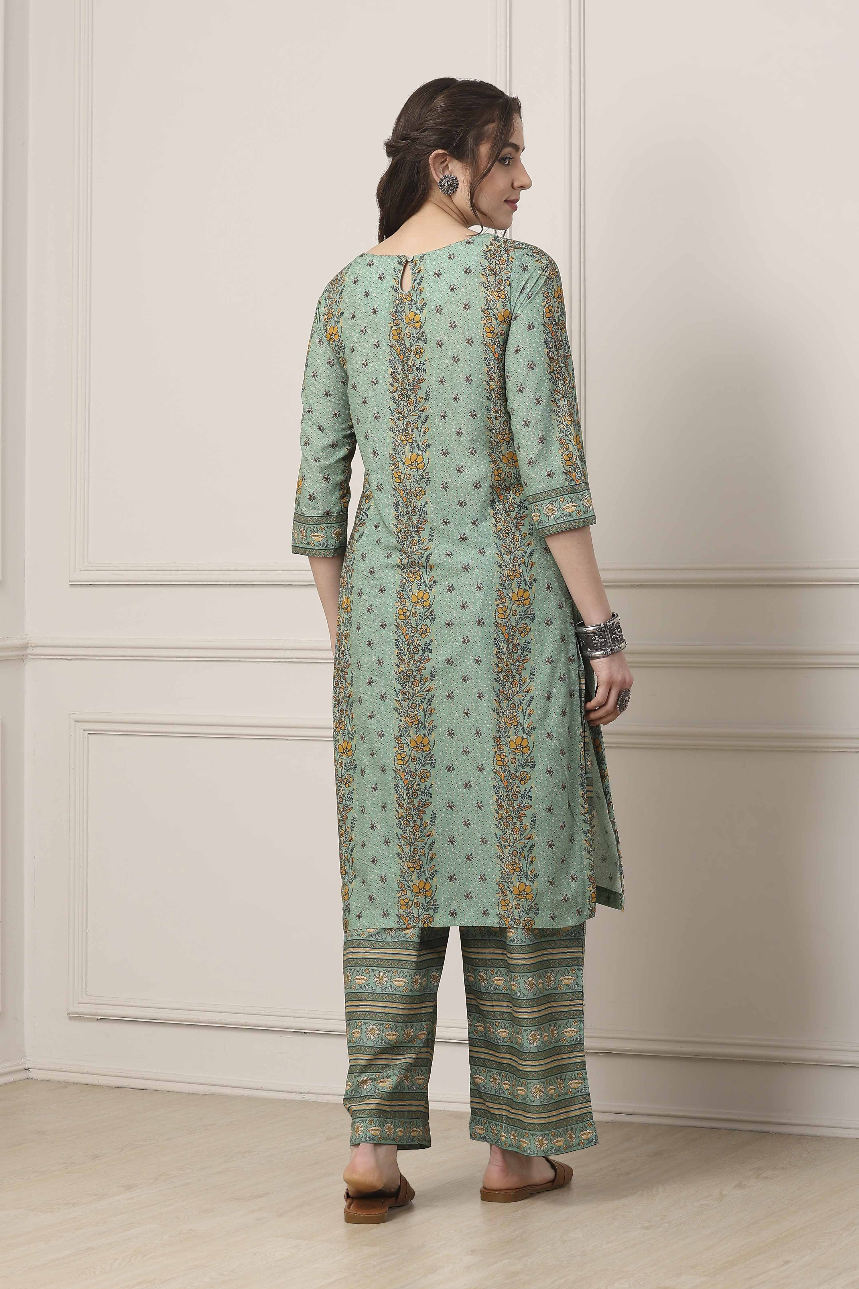 Sage Green Printed Cotton Straight Suit Set image number 4