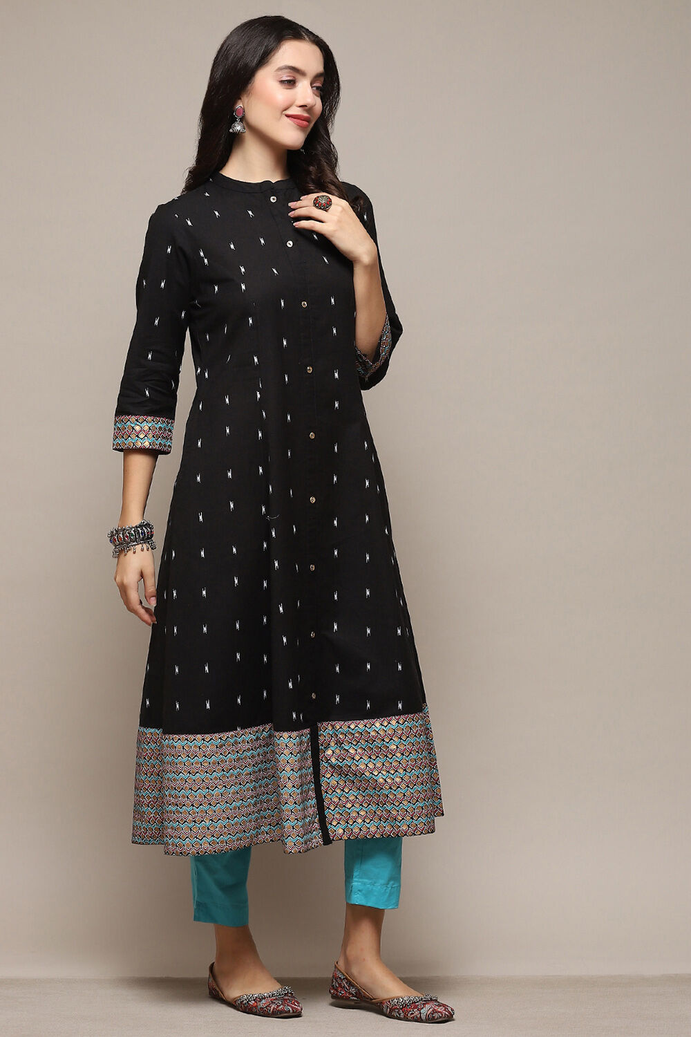 Black Cotton Flax Printed A-Line Kurta image number 4