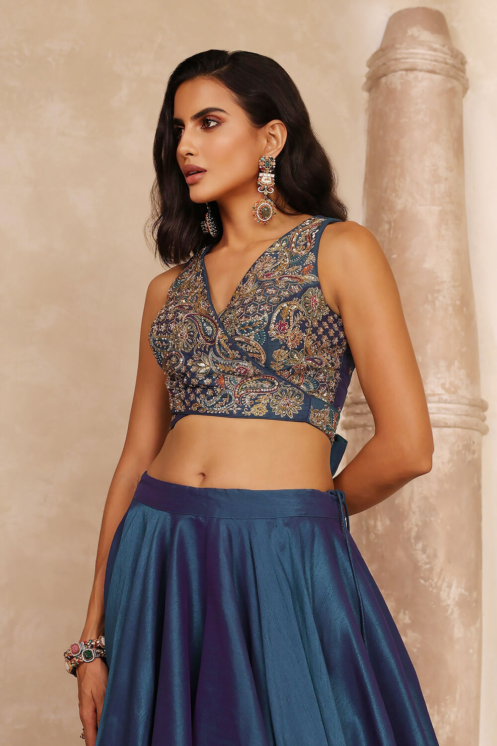 Teal Poly Dupion Silk Hand Zardozi Lehenga Set image number 1