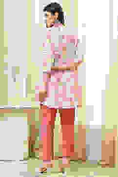 Pink Cotton Floral Flared Short Kurta image number 3