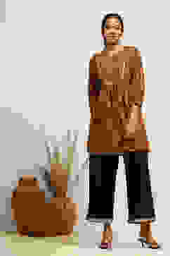 Mustard Yellow Cotton Paisley Printed A-line Kurti image number 0