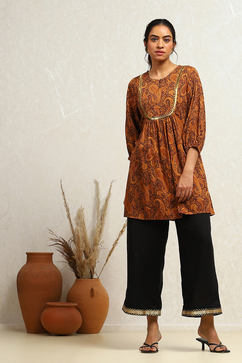 Mustard Yellow Cotton Paisley Printed A-line Kurti