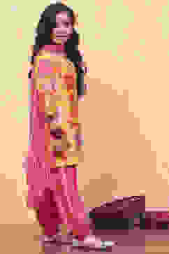 Yellow and Pink Viscose Blend Floral Straight Suit Set image number 5