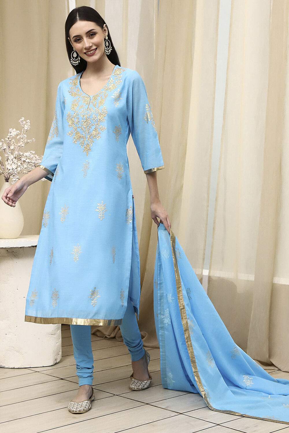 Blue Poly Chanderi Straight Suit Set image number 0