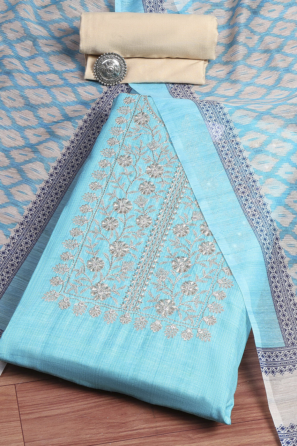 Teal Cotton Machine-Embroidered Unstitched Suit Set image number 0