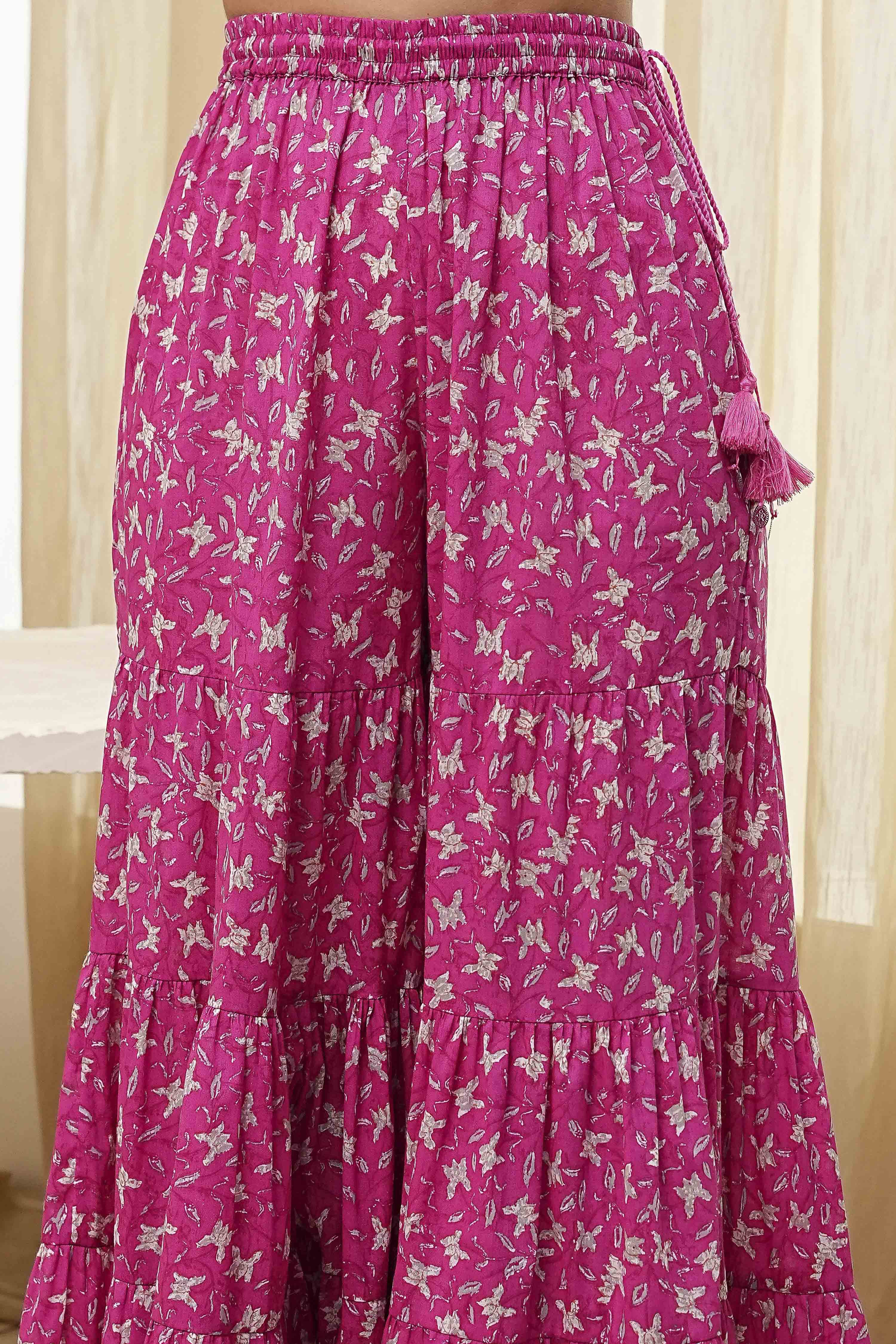 White and Pink Cotton Floral Flared Suit Set image number 2