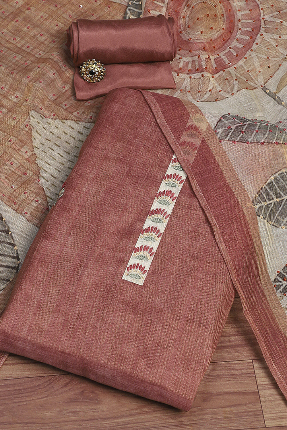 Rust Linen Blend Hand Embroidered Unstitched Suit Set image number 0