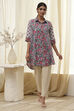 Blue and Pink Cotton Floral Shirt-Style Short Kurta image number 5