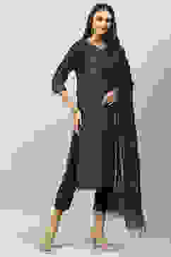 Indigo Blue Art Silk Straight Kurta Slim Pants Suit Set image number 6