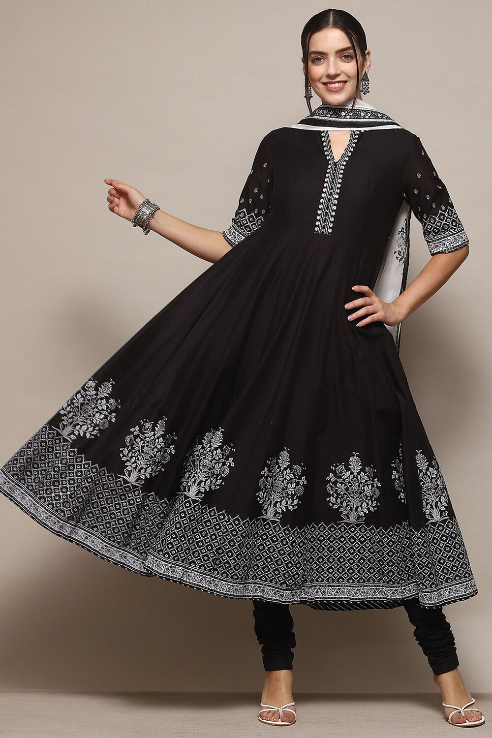 Black Cotton Anarkali Printed Kurta Churidar Suit Set image number 7