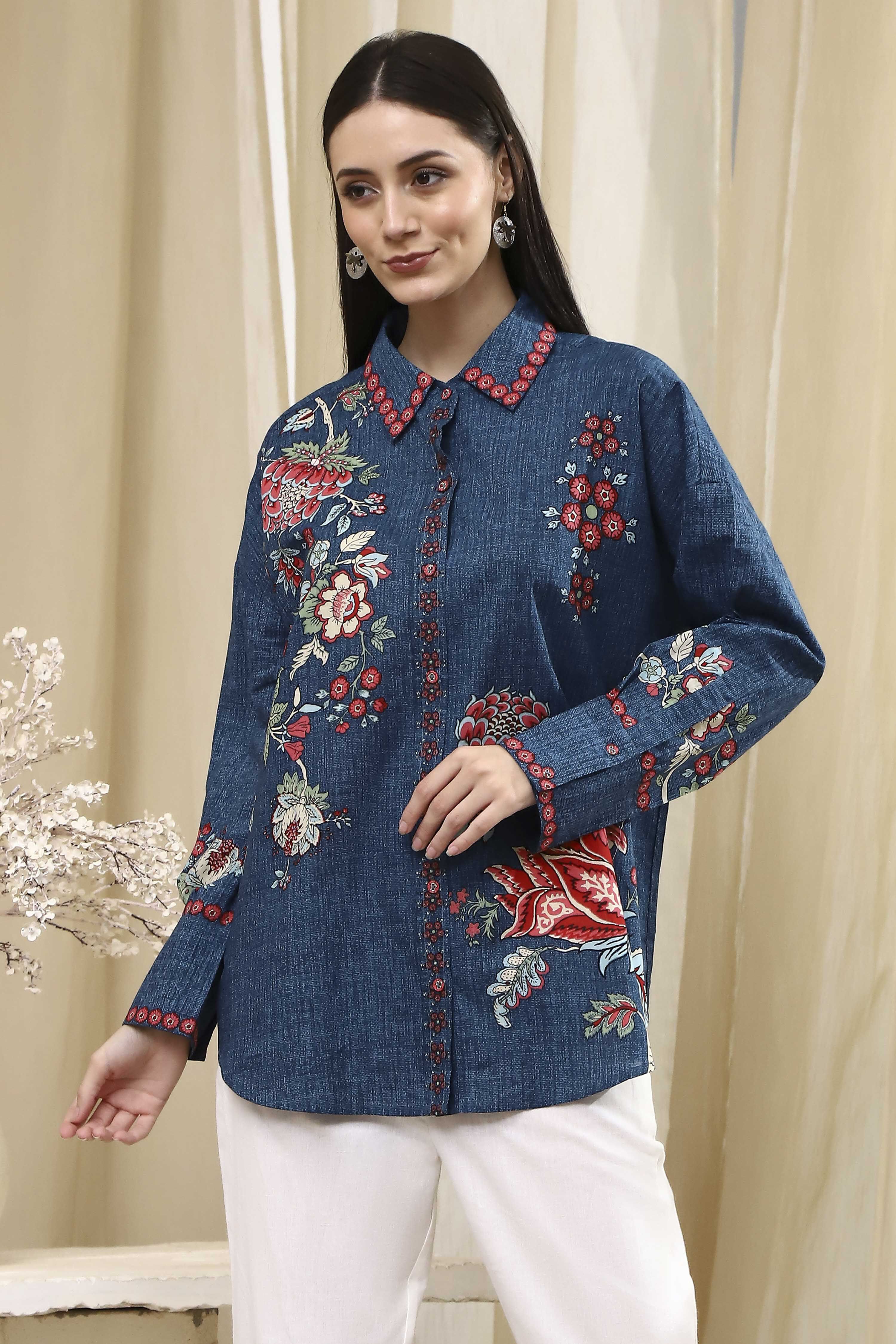 Blue Cotton Floral Printed Shirt image number 2
