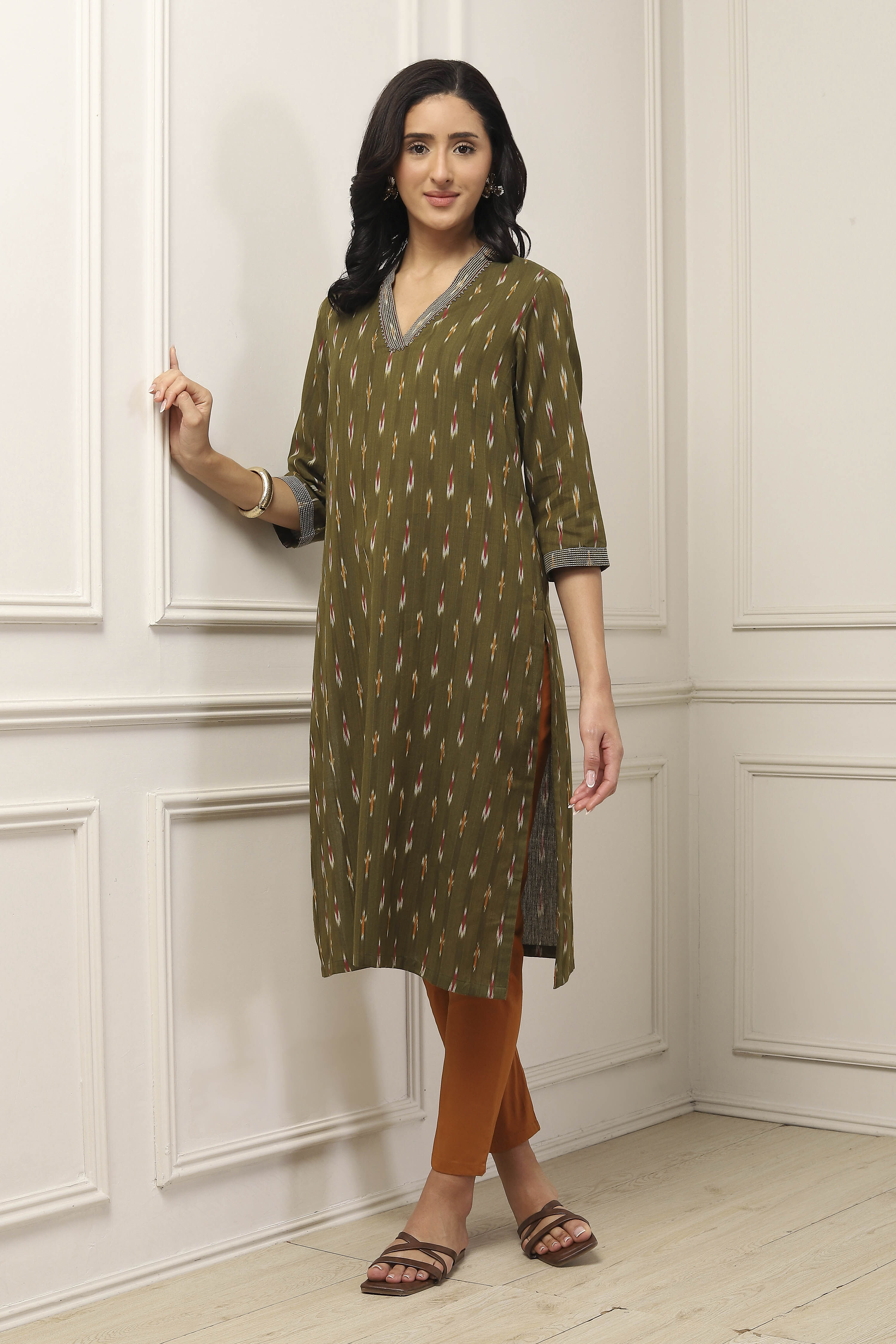 Green Cotton Printed Straight Kurta image number 0