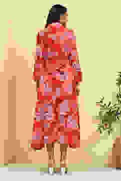 Red Floral Printed Shirt Style A-line Dress image number 3
