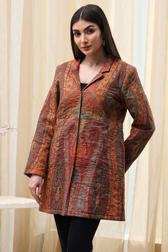 Burnt Orange Rayon Straight Printed Jacket image number 2
