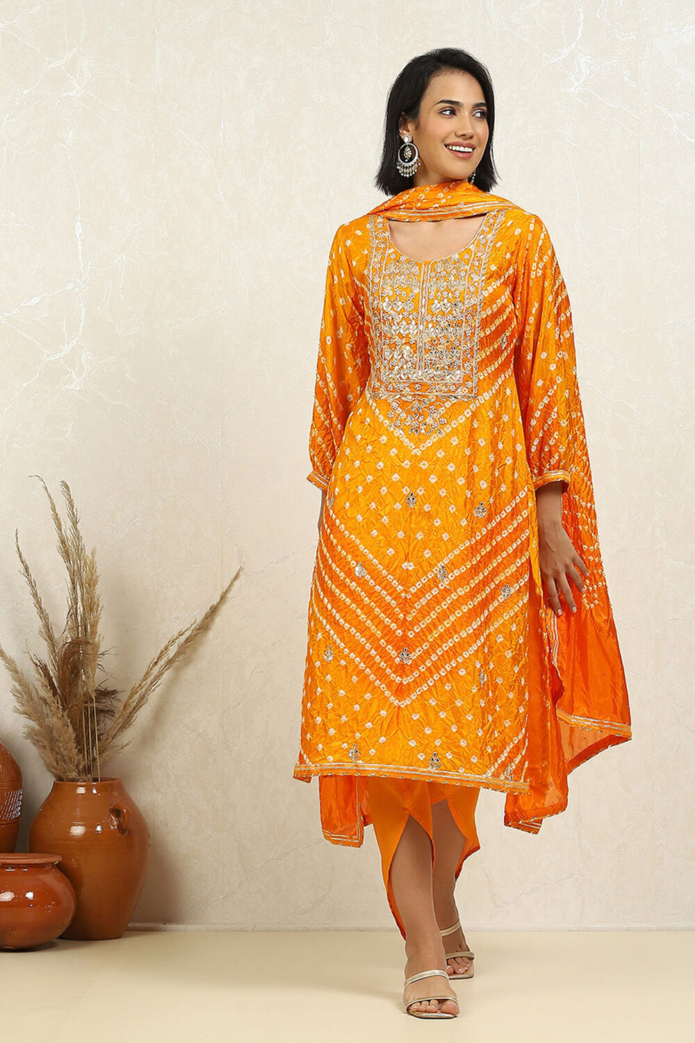 Orange Silk Blend Bandhej Crinkled Unstitched Suit Set image number 7