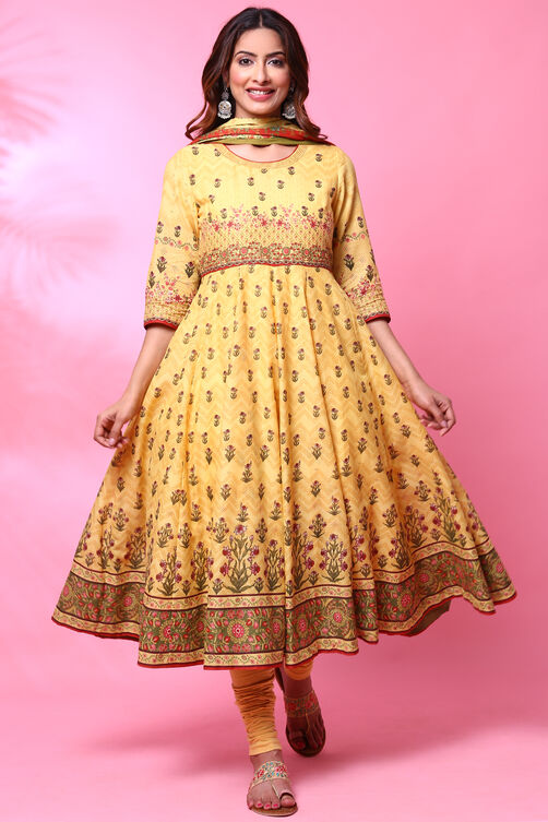 Yellow Cotton Anarkali Suit image number 0