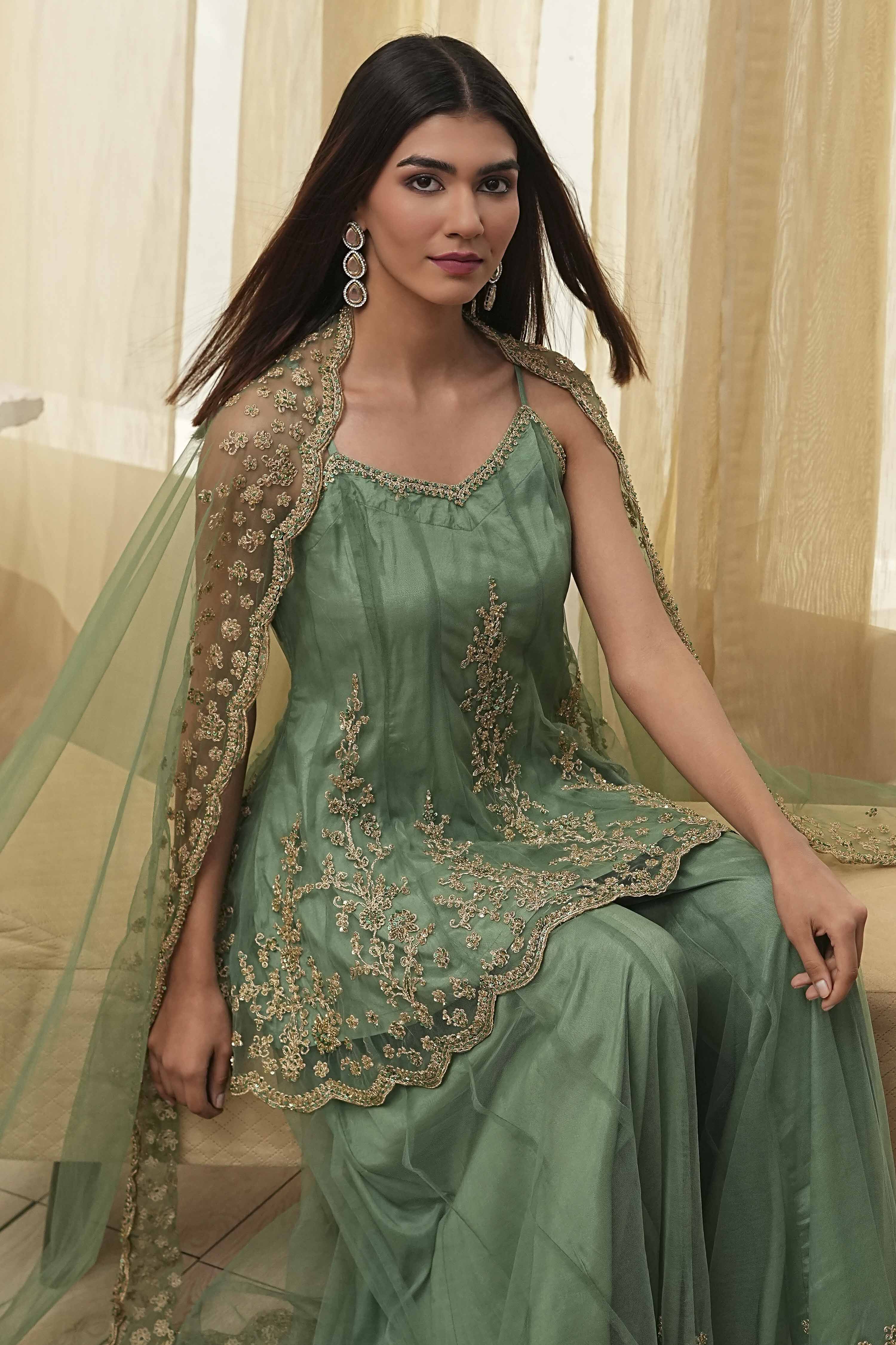 Pink Net Embroidered Kalidar Sharara Kurta Set image number 7