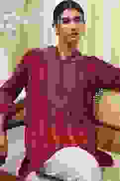 Red Embroidered Straight Short Kurta image number 0