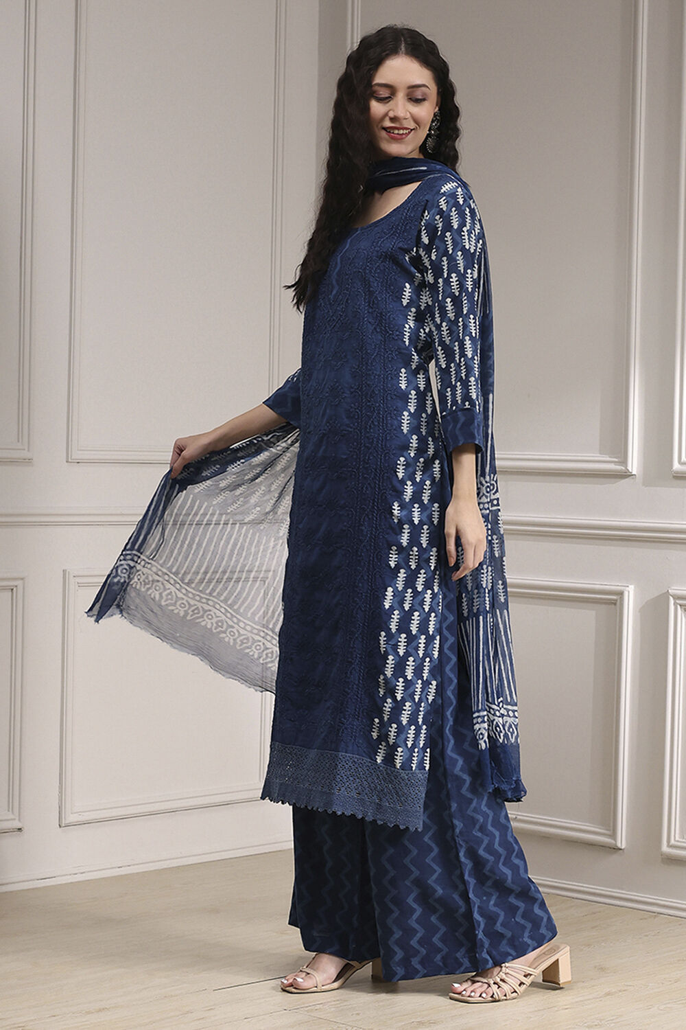 Blue Cotton Hand Embroidered Unstitched Suit Set image number 4