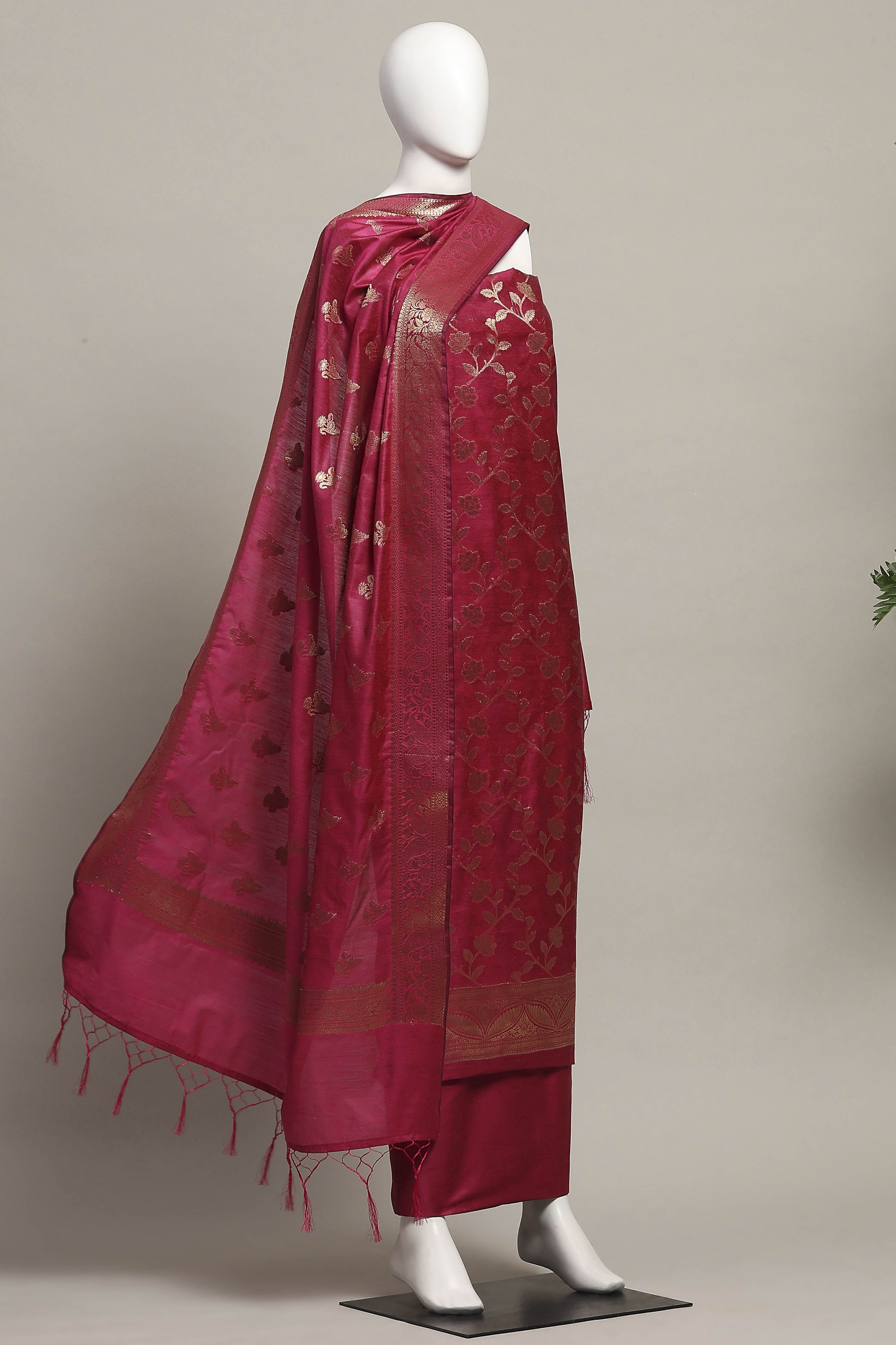 Maroon Cotton Printed Embroidered Unstitched Suit Set image number 4