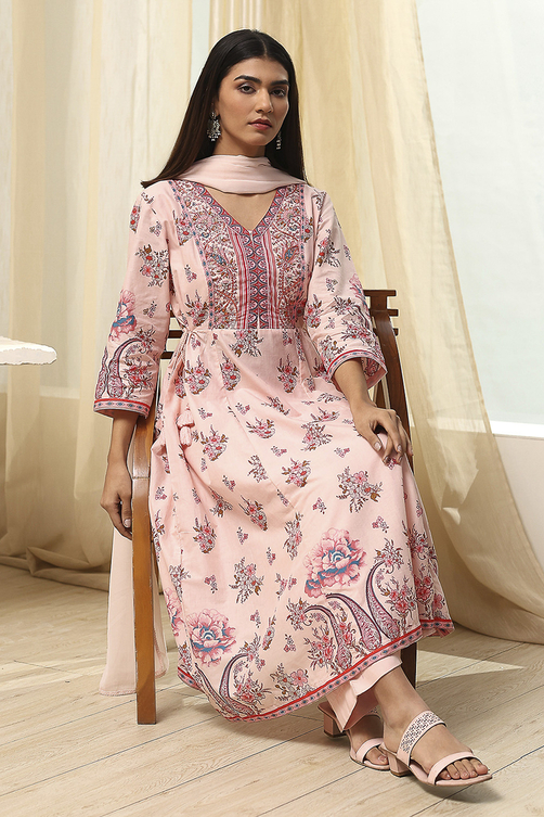 Buy Peach-Colored Cotton Floral Flared Suit Set Online at Biba India
