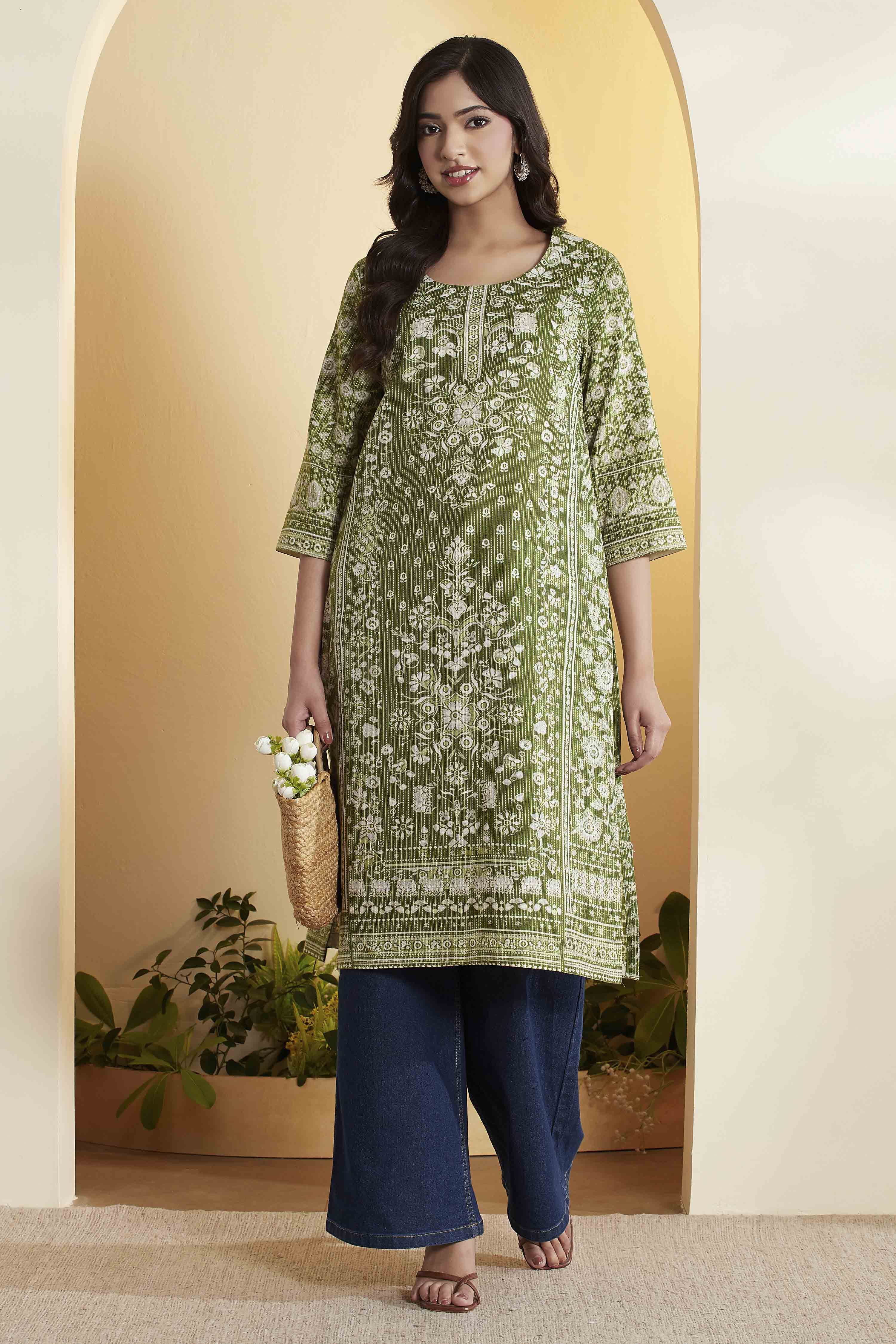 Green Cotton Straight Kurta image number 0