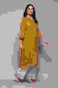 Mustard Poly Cotton Straight Yarndyed Kurta image number 4