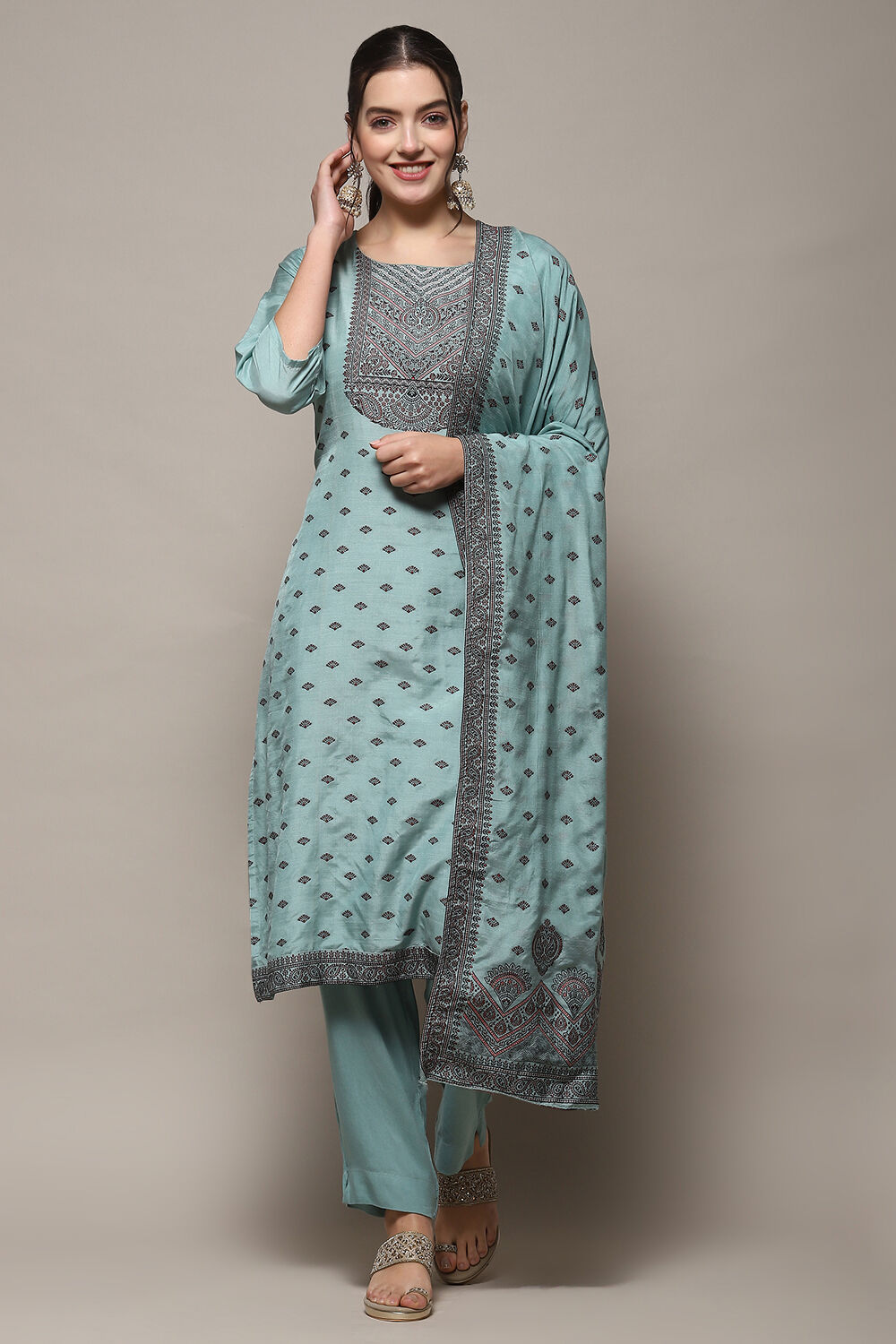 Sky Blue Chanderi Unstitched Suit Set image number 8