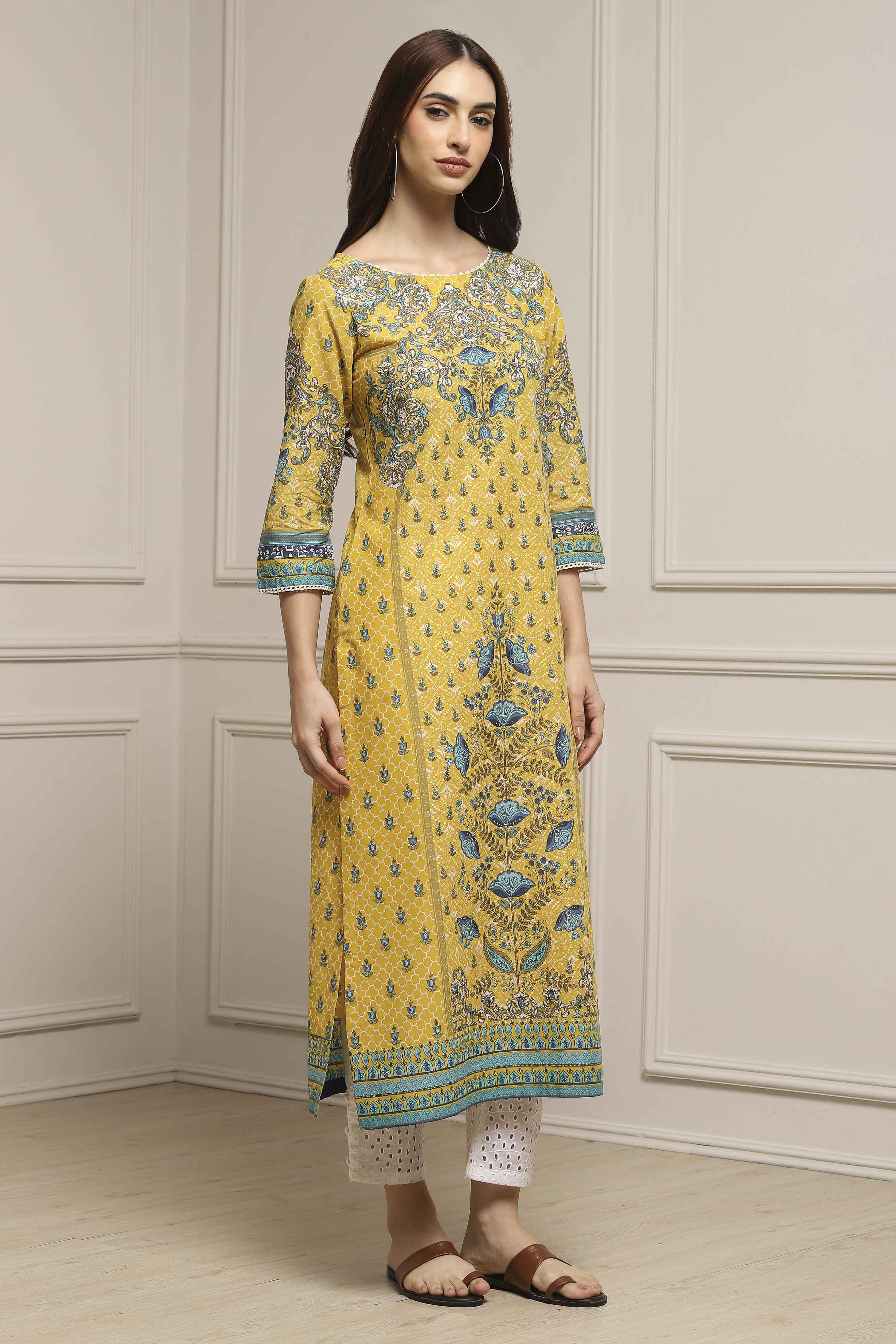 Yellow Cotton Printed Straight Kurta image number 4