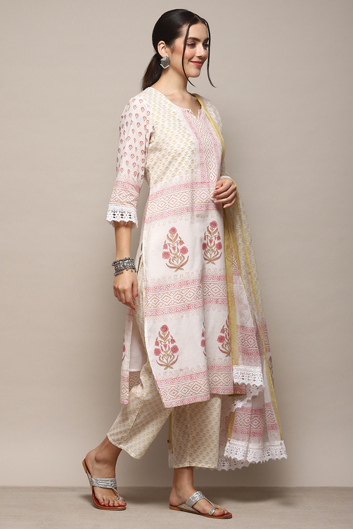 White Cotton Machine Embroidered Unstitched Suit Set image number 7