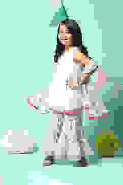 Off White Cotton Gathered Kurta Garara Suit Set image number 5