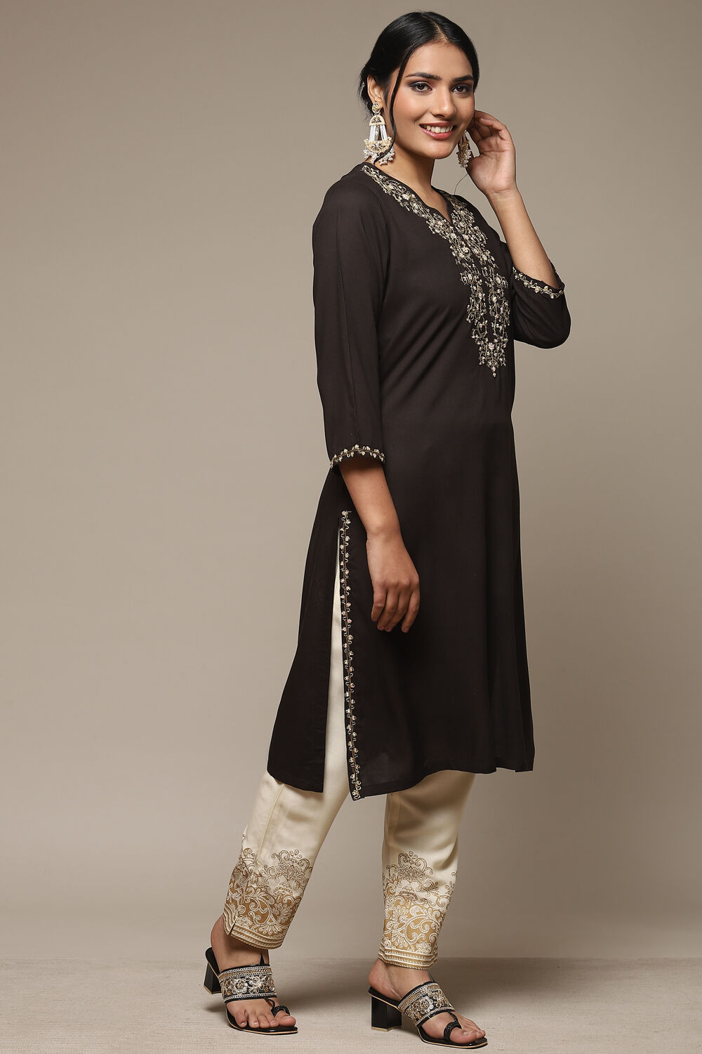 Brown Rayon Straight Kurta Pants Suit Set image number 5