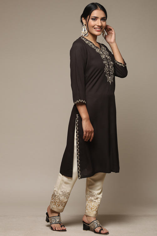 Brown Rayon Straight Kurta Pants Suit Set image number 5