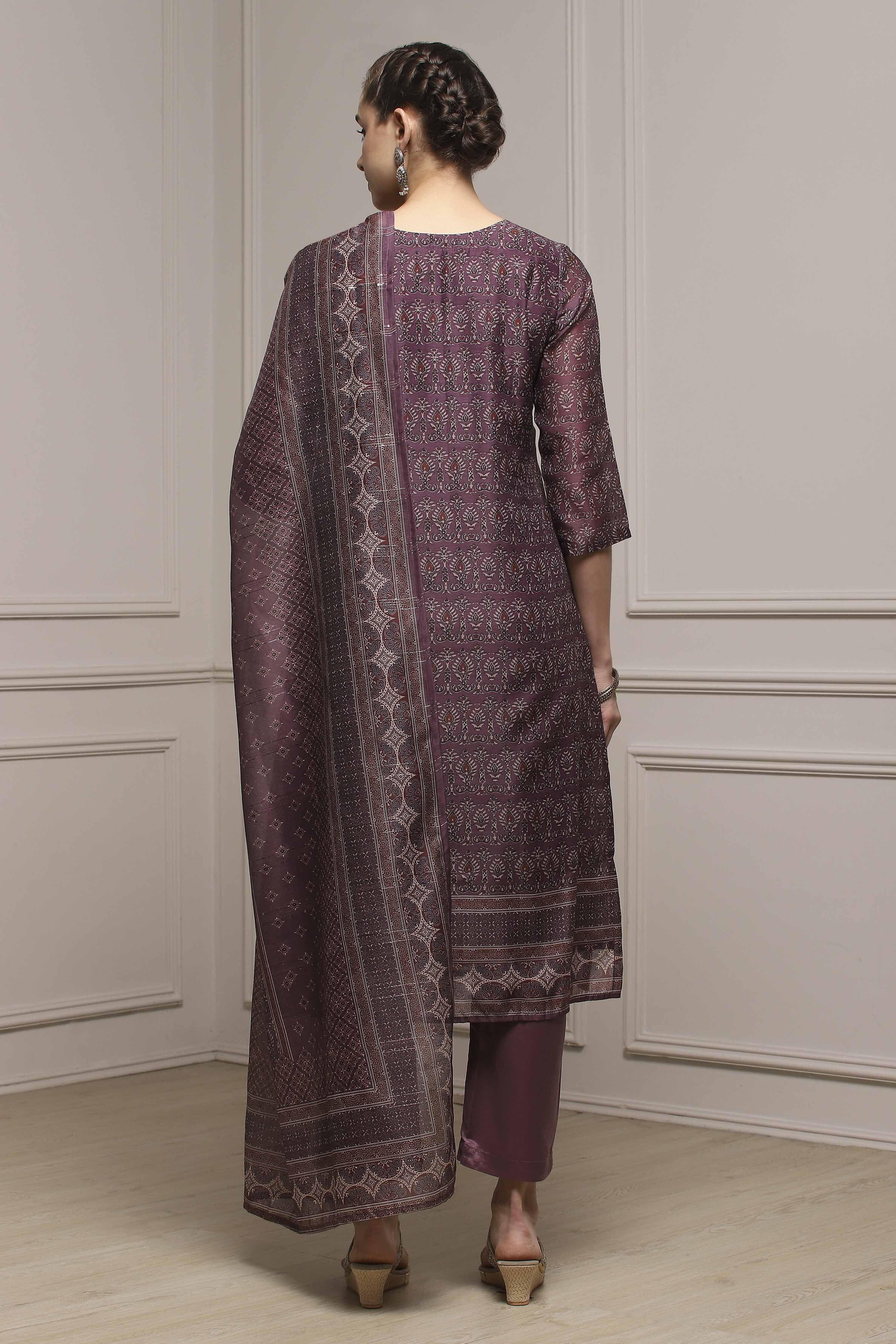 Purple Chanderi Blend Printed Embroidered Unstitched Suit Set image number 5