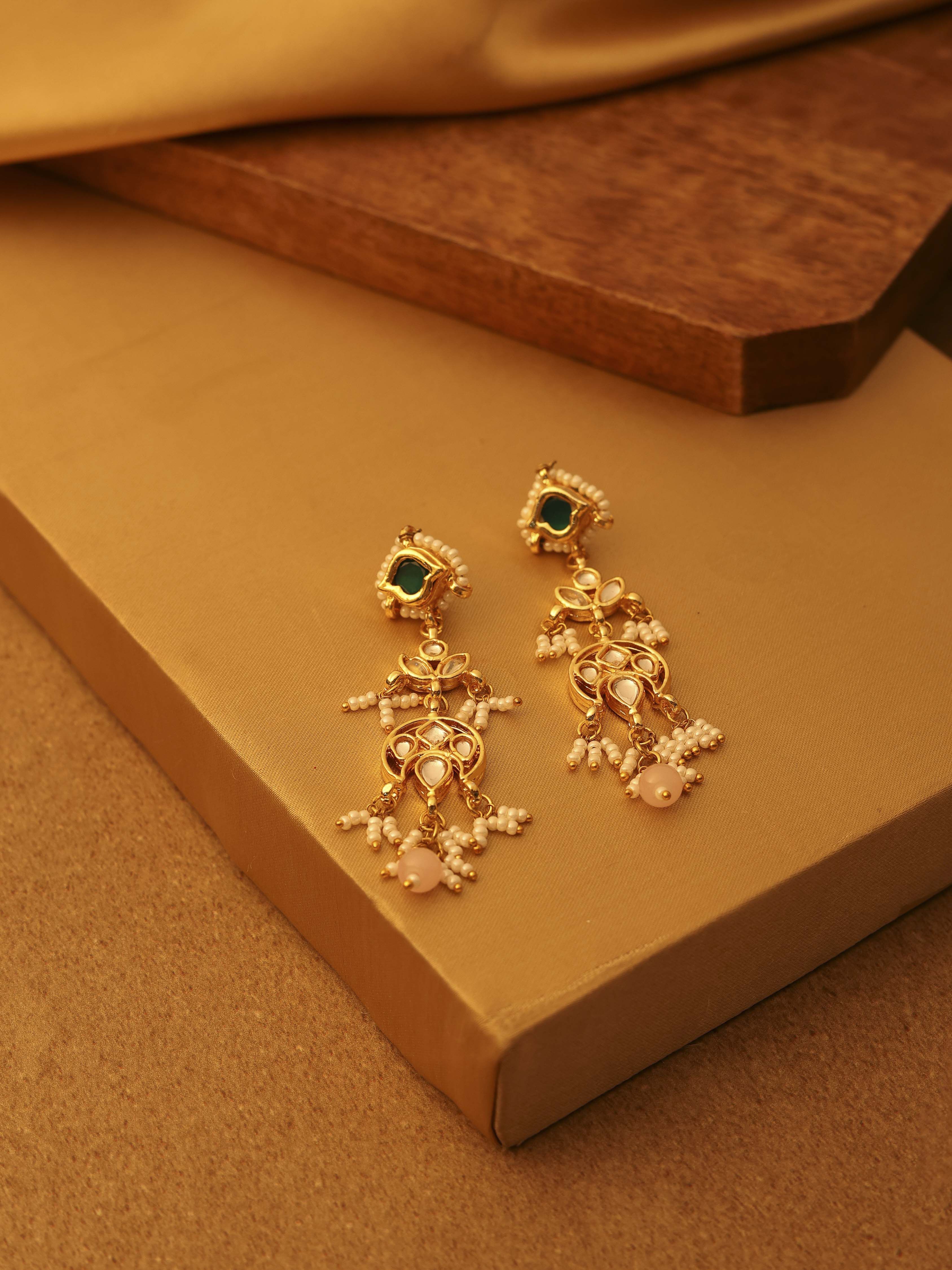 biba Green Gold Plated Brass Studded Drop EarringsGreen Gold Plated Brass Studded Drop Earrings-picture-469