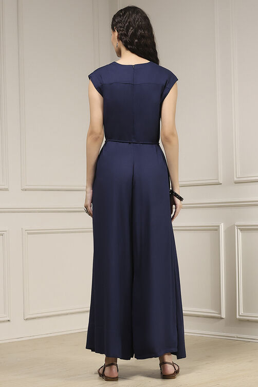 Navy Blue Viscose Rayon Asymmetric Dyed Jumpsuit image number 3