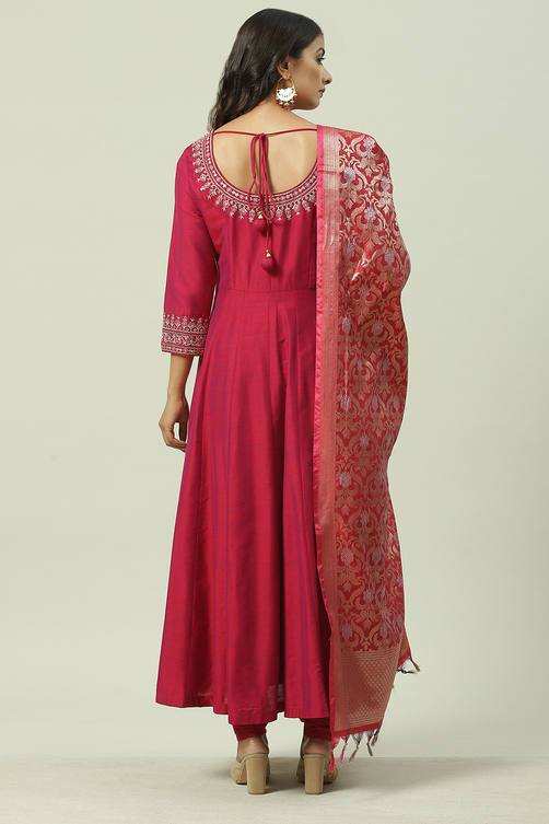 Teal Poly Viscose Anarkali Kurta Churidar Suit Set image number 4