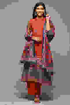 Rust & Indigo Rayon Straight Kurta Palazzo Suit Set image number 7