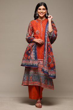 Rust & Indigo Rayon Straight Kurta Palazzo Suit Set image number 7