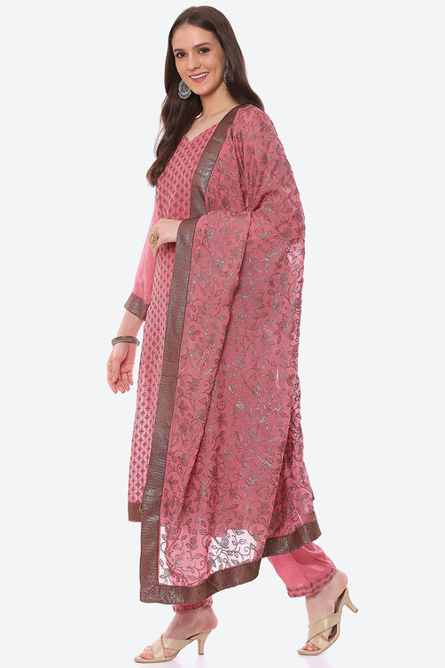 Pink Organza Satin Unstitched Suit Set image number 6