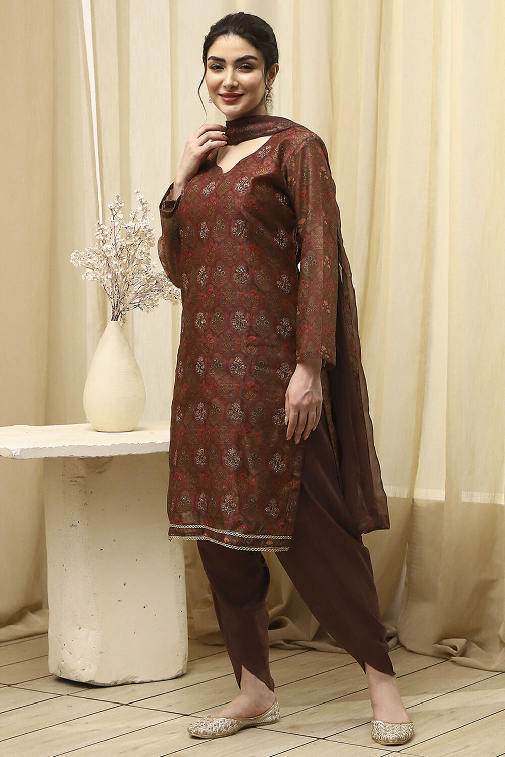 Brown Cotton Printed Embroidered Unstitched Suit Set image number 4