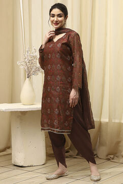 Brown Chanderi Printed Embroidered Unstitched Suit Set image number 4