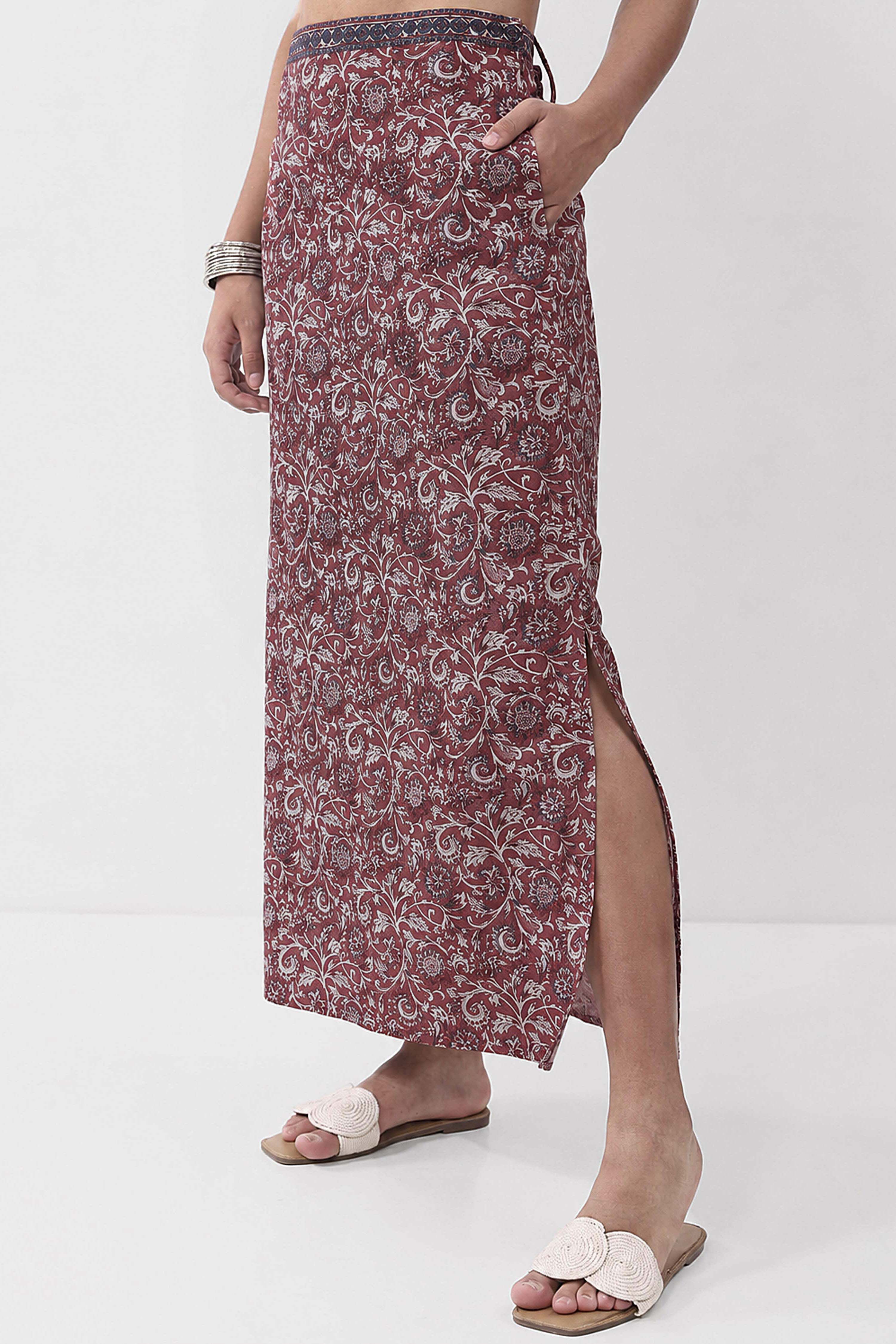 Rust Cotton Printed Skirt image number 1